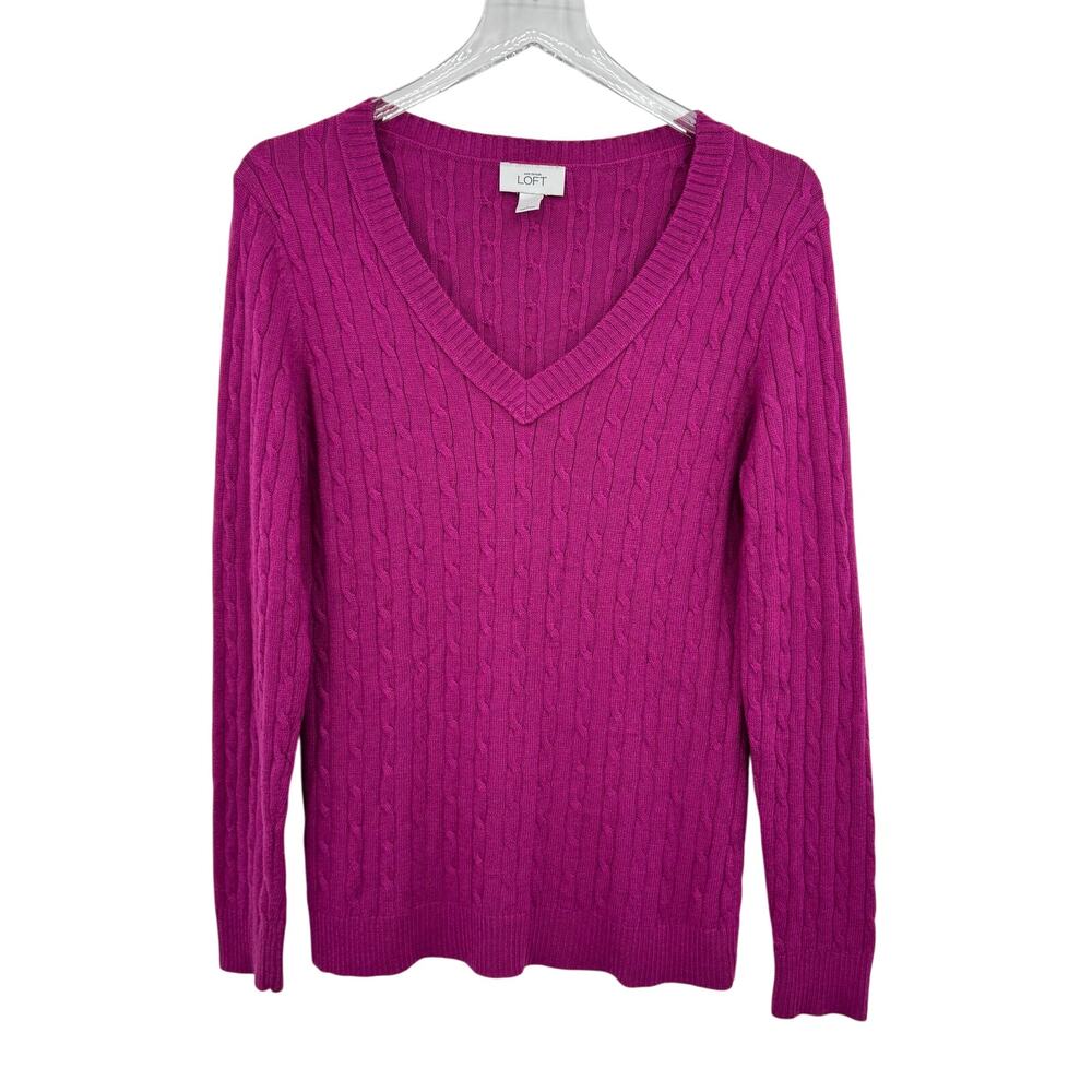 Ann Taylor LOFT sweater L pullover V neck cable knit rabbit hair blend fuchsia